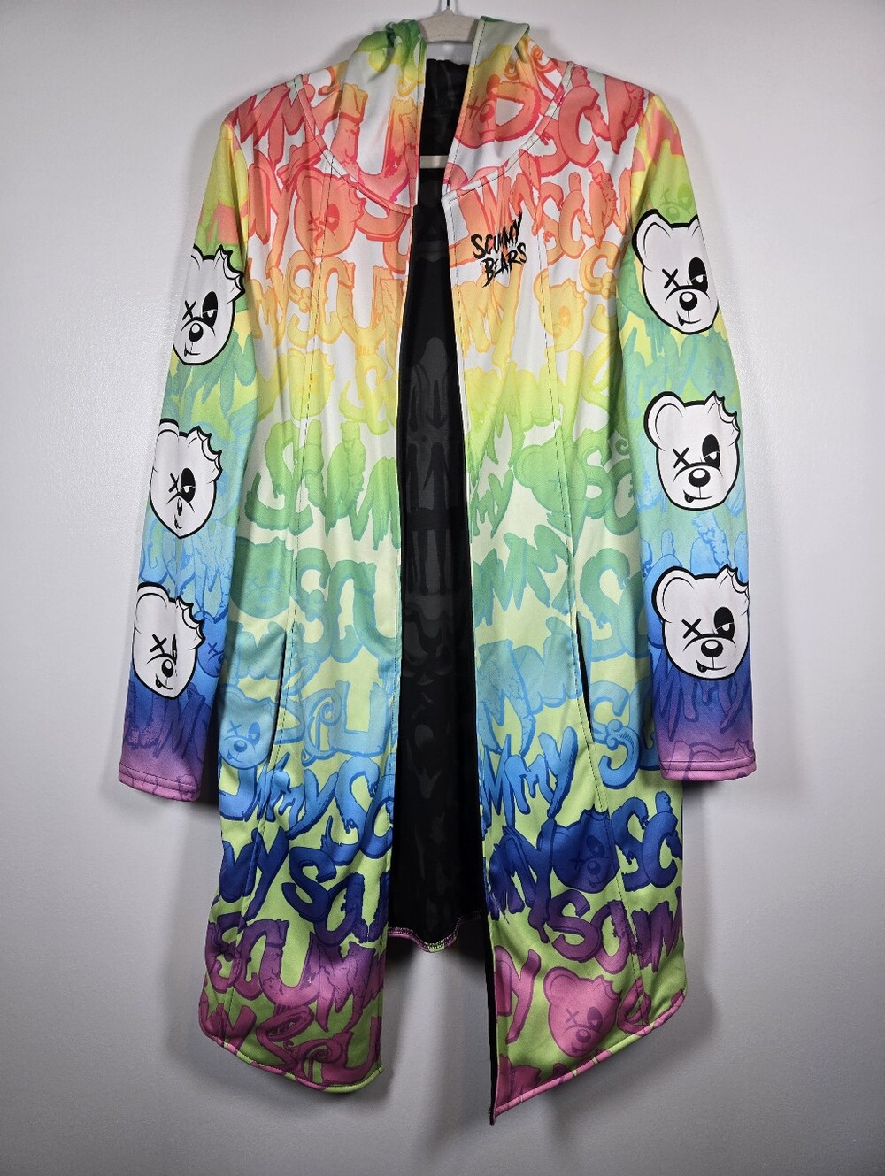 Scummy Bears Rainbow Psychedelic Hooded Rave Cloak Open Front Jacket Size Small